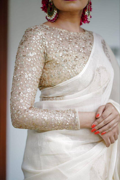 Kerala Linen Saree – Woven Zari Jacquard Design with Cotton Tassels