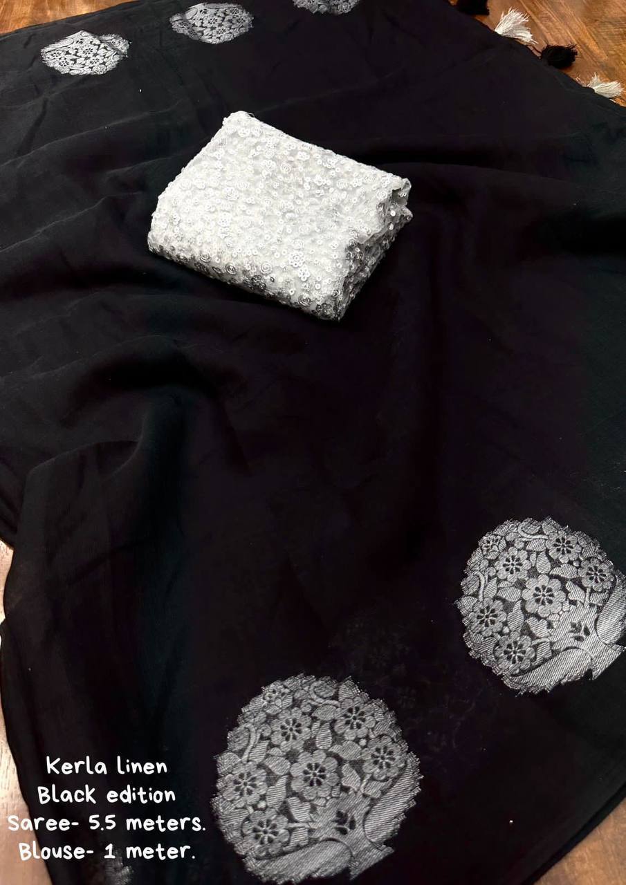 Kerala Linen Saree – Woven Zari Jacquard Design with Cotton Tassels