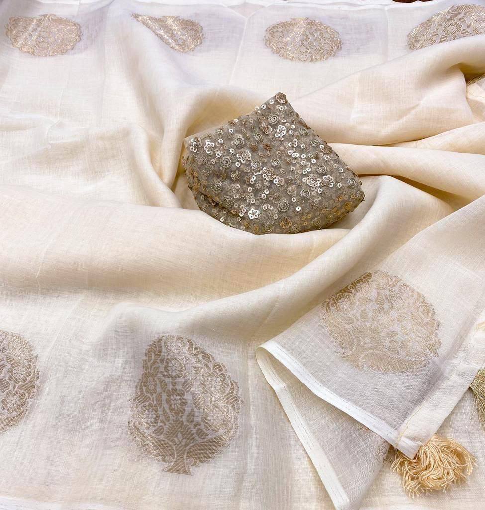 Kerala Linen Saree – Woven Zari Jacquard Design with Cotton Tassels