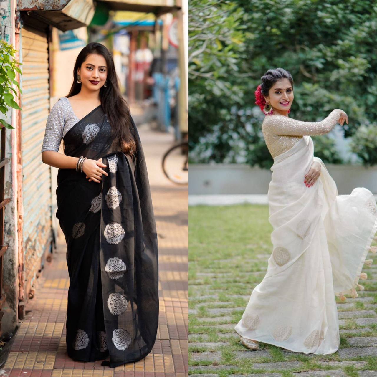 Kerala Linen Saree – Woven Zari Jacquard Design with Cotton Tassels