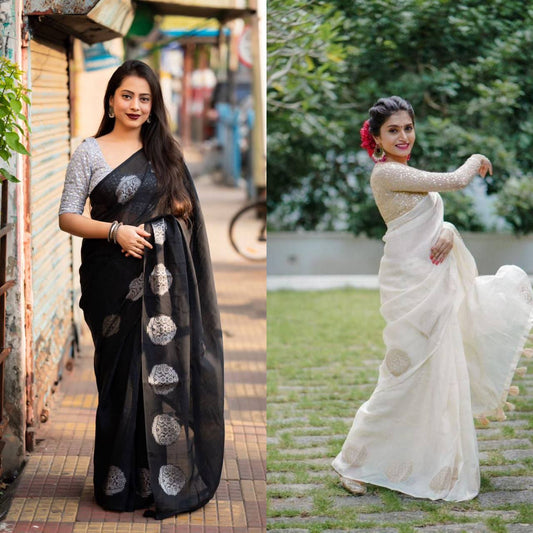 Kerala Linen Saree – Woven Zari Jacquard Design with Cotton Tassels