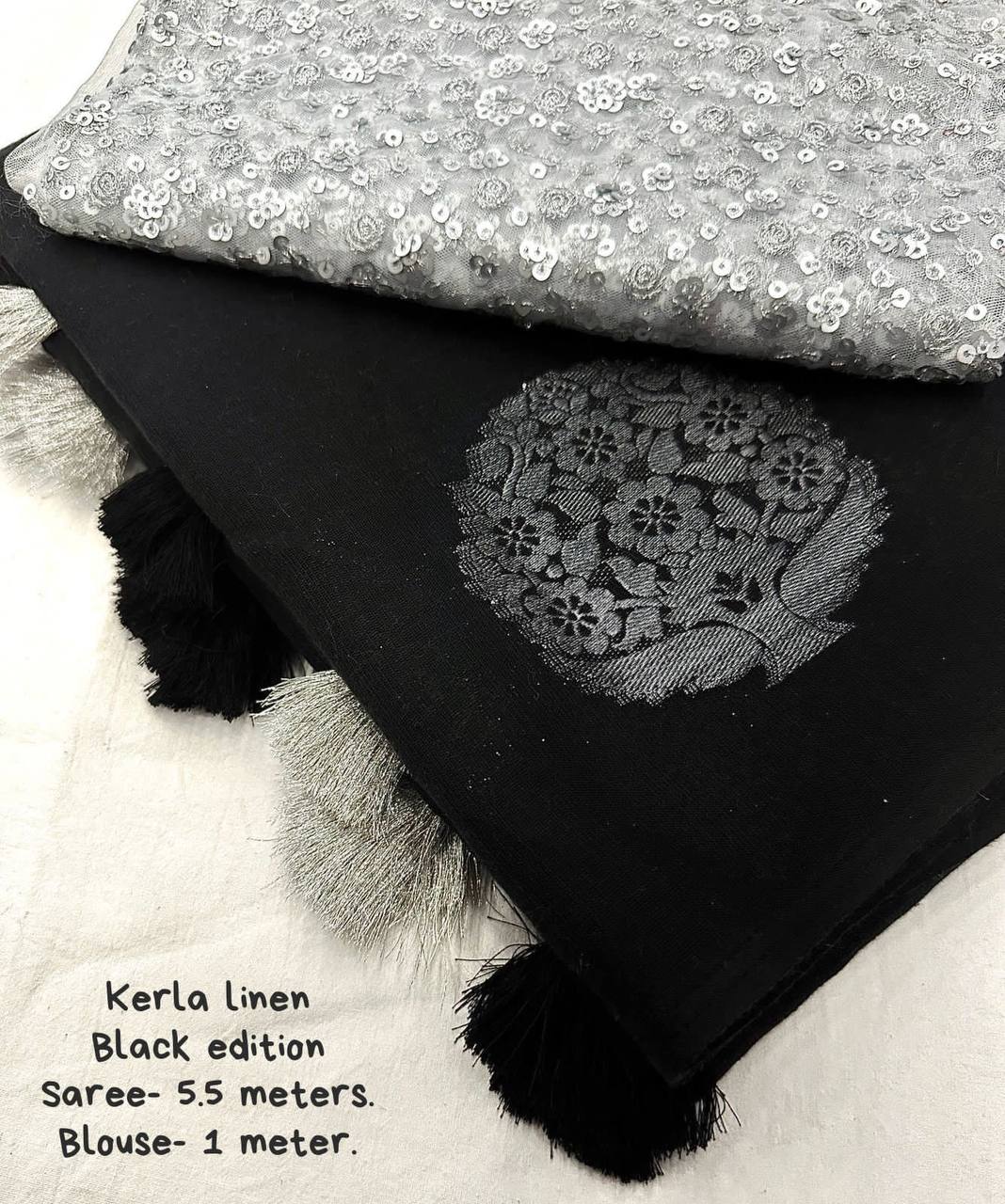 Kerala Linen Saree – Woven Zari Jacquard Design with Cotton Tassels