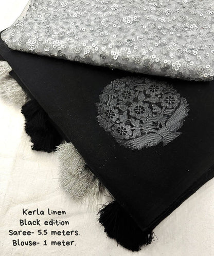 Kerala Linen Saree – Woven Zari Jacquard Design with Cotton Tassels
