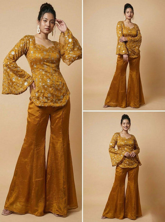 Elegant Fandy Silk Top‑Palazzo Set – Sequins Embroidery with Premium Finish