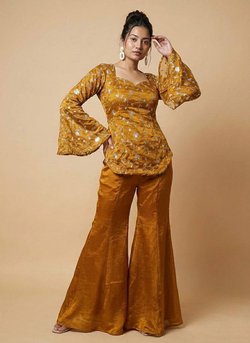 Elegant Fandy Silk Top‑Palazzo Set – Sequins Embroidery with Premium Finish