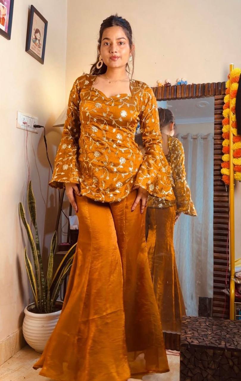 Elegant Fandy Silk Top‑Palazzo Set – Sequins Embroidery with Premium Finish