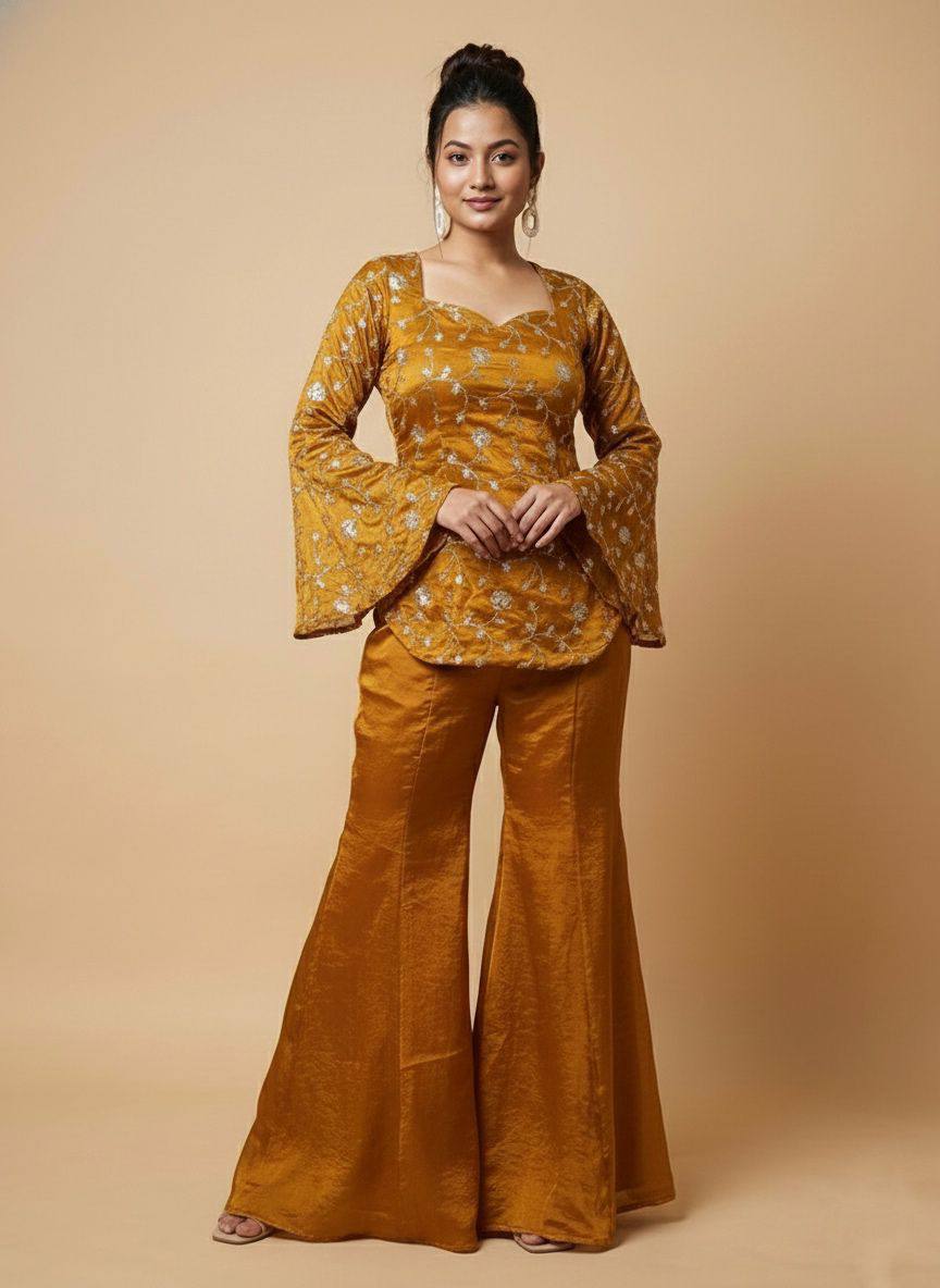 Elegant Fandy Silk Top‑Palazzo Set – Sequins Embroidery with Premium Finish