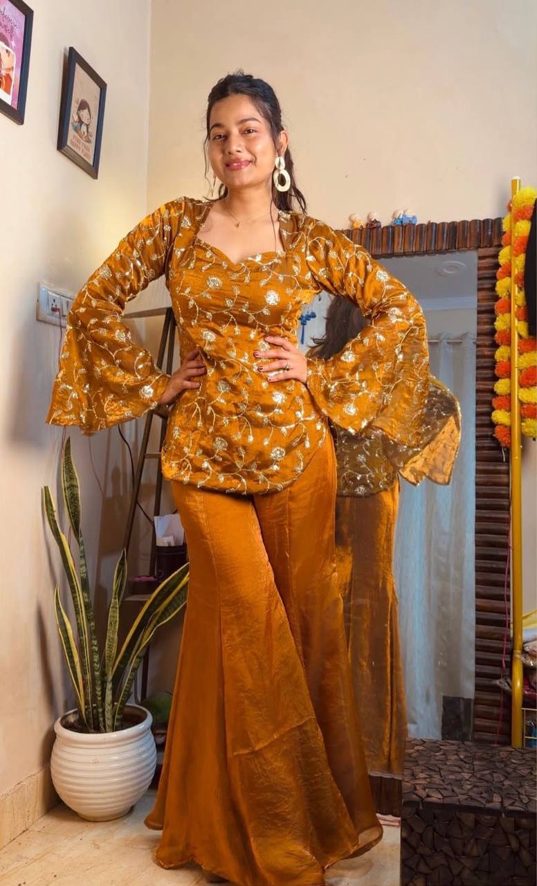 Elegant Fandy Silk Top‑Palazzo Set – Sequins Embroidery with Premium Finish