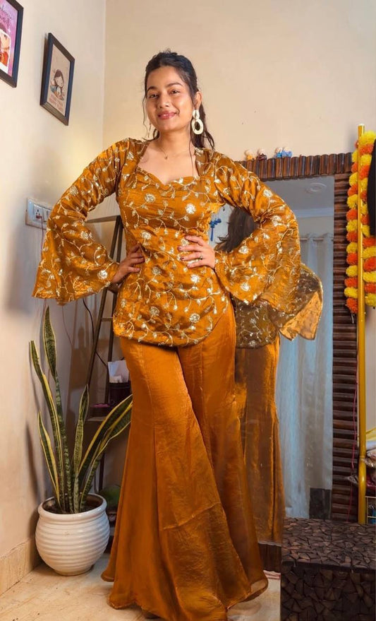 Elegant Fandy Silk Top‑Palazzo Set – Sequins Embroidery with Premium Finish