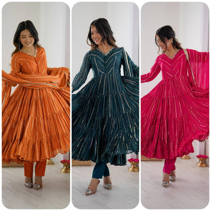 Premium Mal Chanderi Ruffle Gown‑Pant‑Dupatta Set – Mirror Handwork