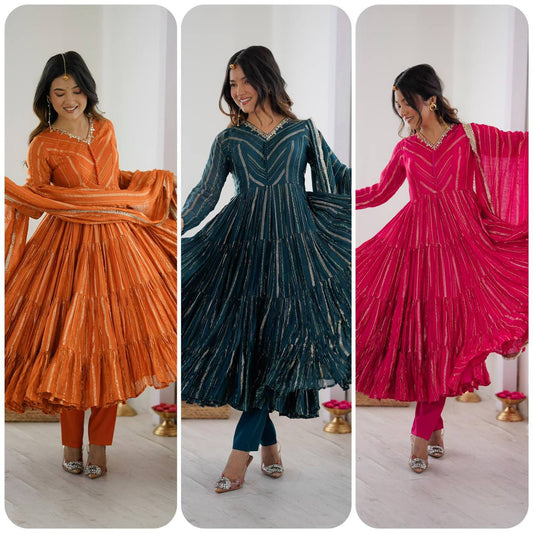 Premium Mal Chanderi Ruffle Gown‑Pant‑Dupatta Set – Mirror Handwork