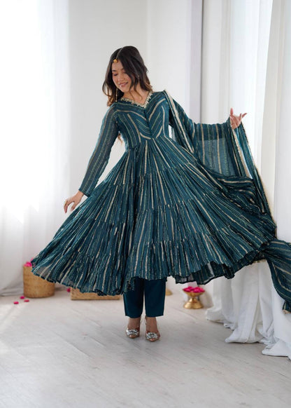Premium Mal Chanderi Ruffle Gown‑Pant‑Dupatta Set – Mirror Handwork