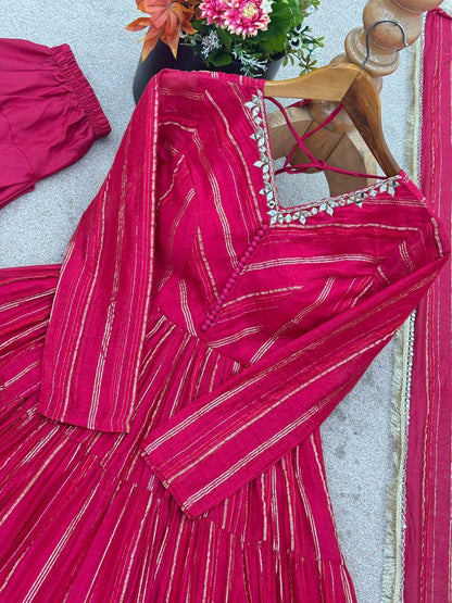 Premium Mal Chanderi Ruffle Gown‑Pant‑Dupatta Set – Mirror Handwork