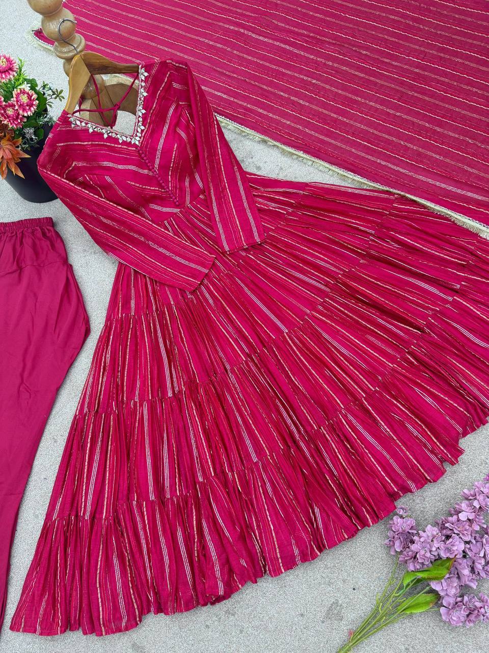 Premium Mal Chanderi Ruffle Gown‑Pant‑Dupatta Set – Mirror Handwork