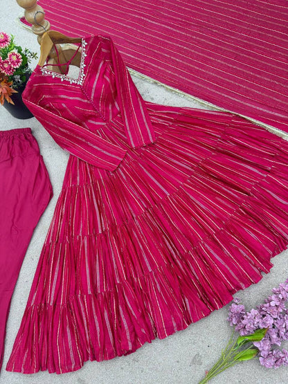 Premium Mal Chanderi Ruffle Gown‑Pant‑Dupatta Set – Mirror Handwork