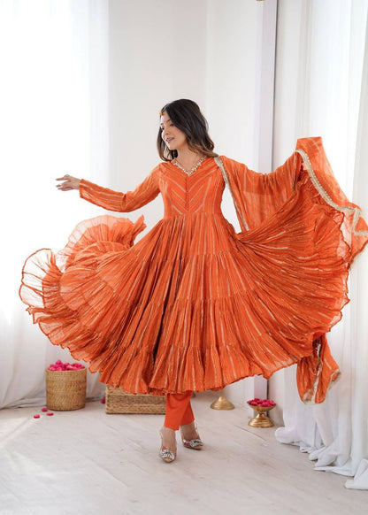 Premium Mal Chanderi Ruffle Gown‑Pant‑Dupatta Set – Mirror Handwork