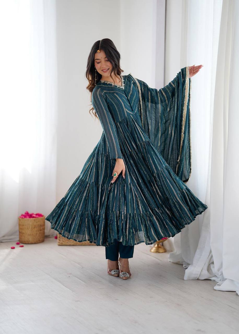 Premium Mal Chanderi Ruffle Gown‑Pant‑Dupatta Set – Mirror Handwork