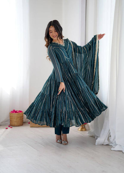Premium Mal Chanderi Ruffle Gown‑Pant‑Dupatta Set – Mirror Handwork