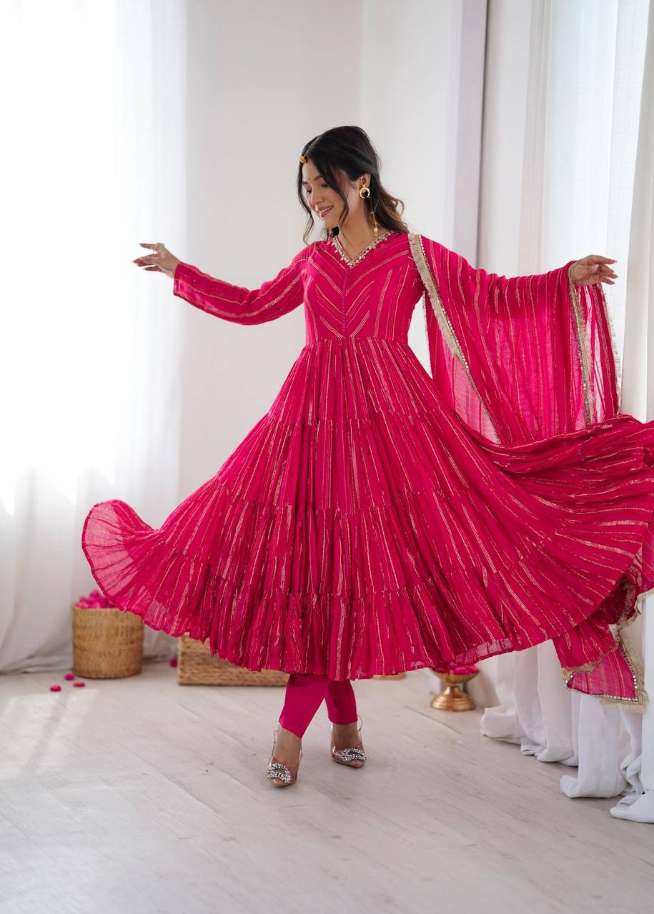 Premium Mal Chanderi Ruffle Gown‑Pant‑Dupatta Set – Mirror Handwork