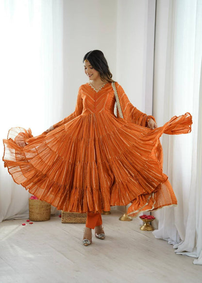 Premium Mal Chanderi Ruffle Gown‑Pant‑Dupatta Set – Mirror Handwork