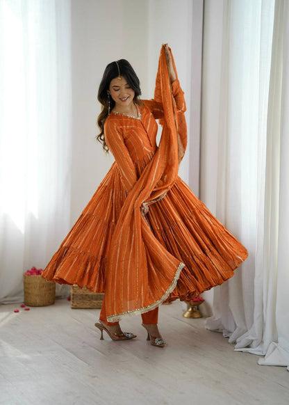 Premium Mal Chanderi Ruffle Gown‑Pant‑Dupatta Set – Mirror Handwork