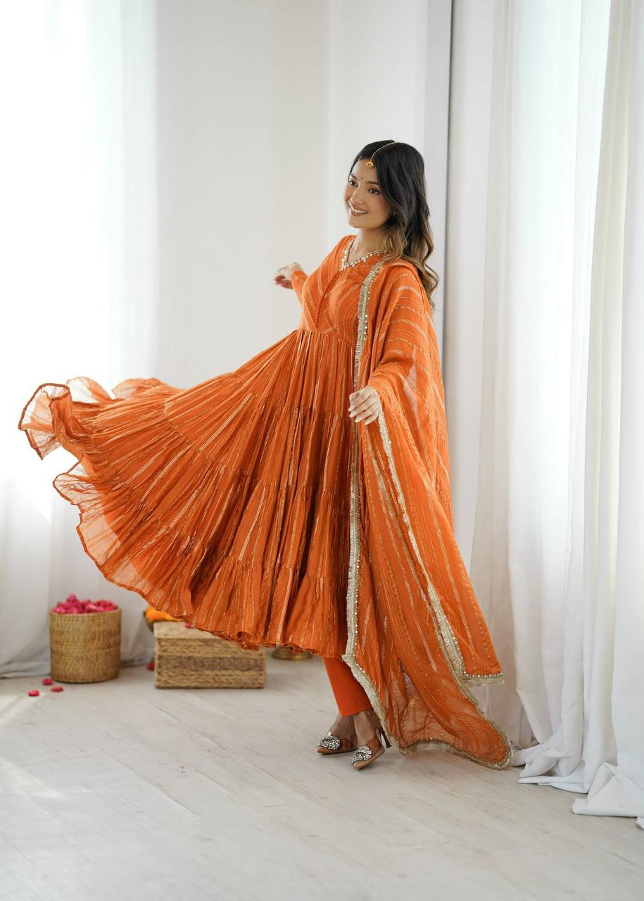 Premium Mal Chanderi Ruffle Gown‑Pant‑Dupatta Set – Mirror Handwork