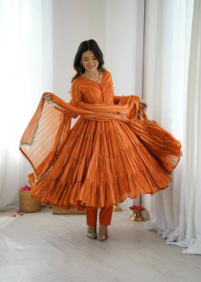 Premium Mal Chanderi Ruffle Gown‑Pant‑Dupatta Set – Mirror Handwork