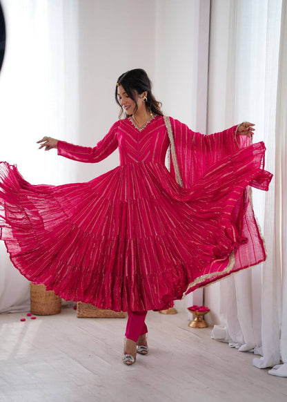 Premium Mal Chanderi Ruffle Gown‑Pant‑Dupatta Set – Mirror Handwork