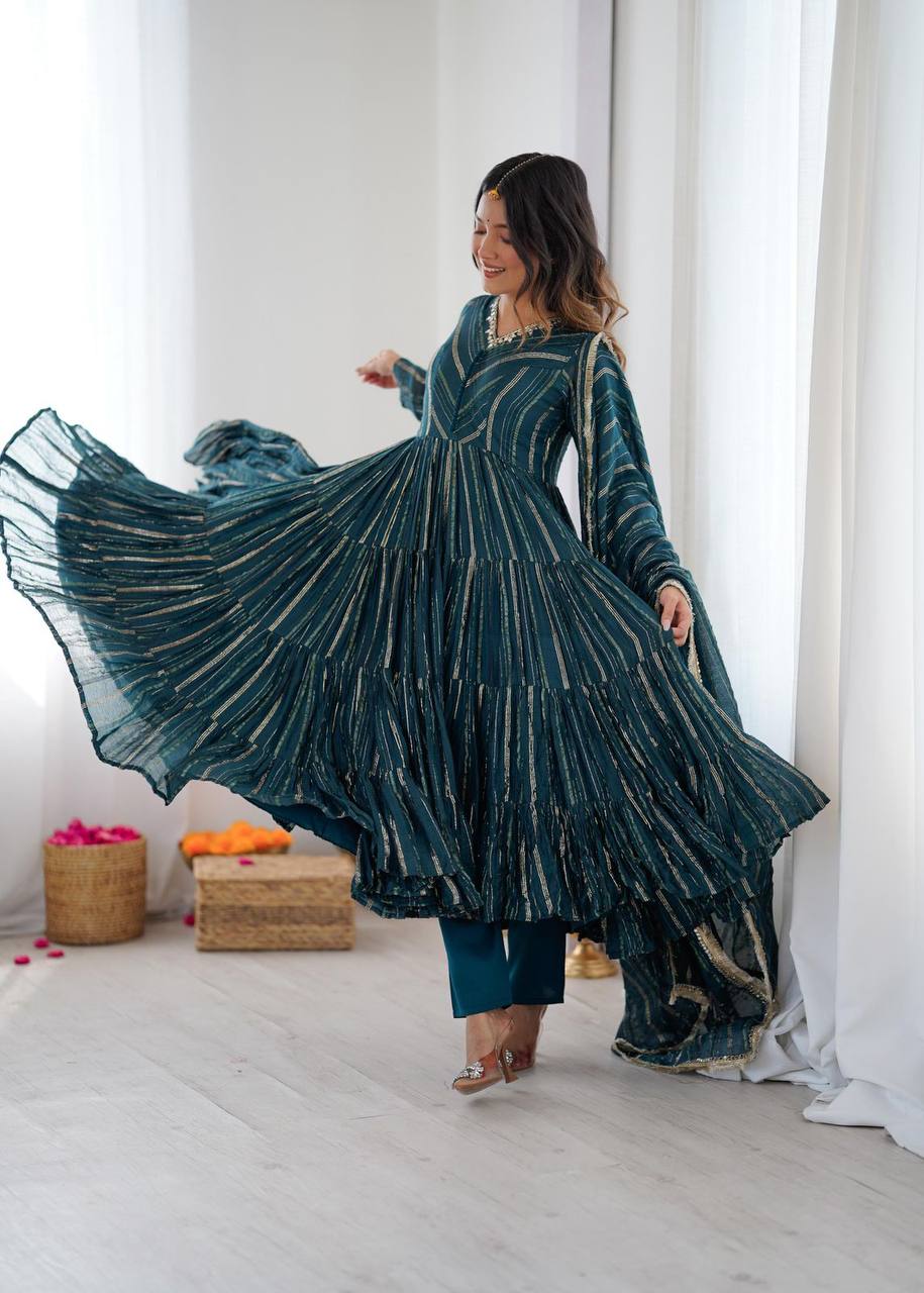 Premium Mal Chanderi Ruffle Gown‑Pant‑Dupatta Set – Mirror Handwork