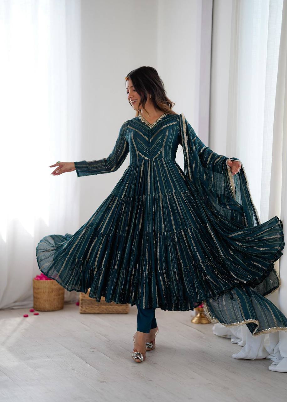 Premium Mal Chanderi Ruffle Gown‑Pant‑Dupatta Set – Mirror Handwork