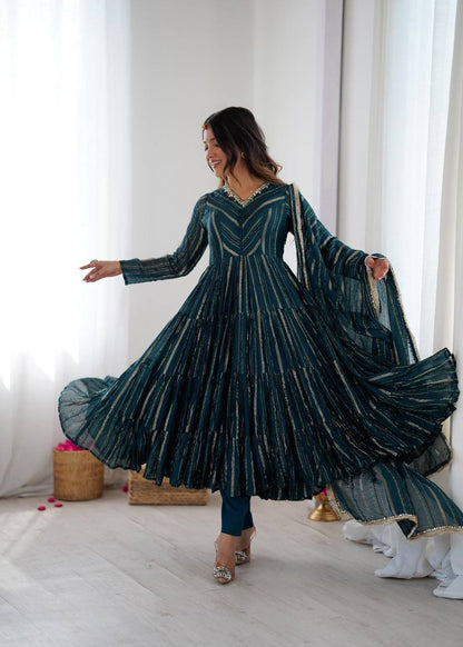 Premium Mal Chanderi Ruffle Gown‑Pant‑Dupatta Set – Mirror Handwork