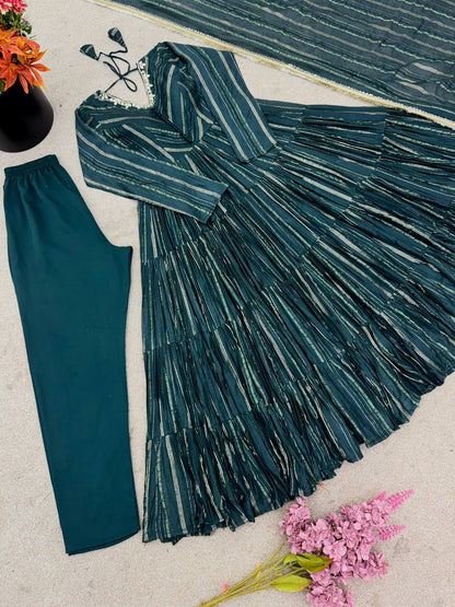 Premium Mal Chanderi Ruffle Gown‑Pant‑Dupatta Set – Mirror Handwork