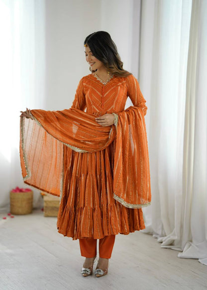 Premium Mal Chanderi Ruffle Gown‑Pant‑Dupatta Set – Mirror Handwork