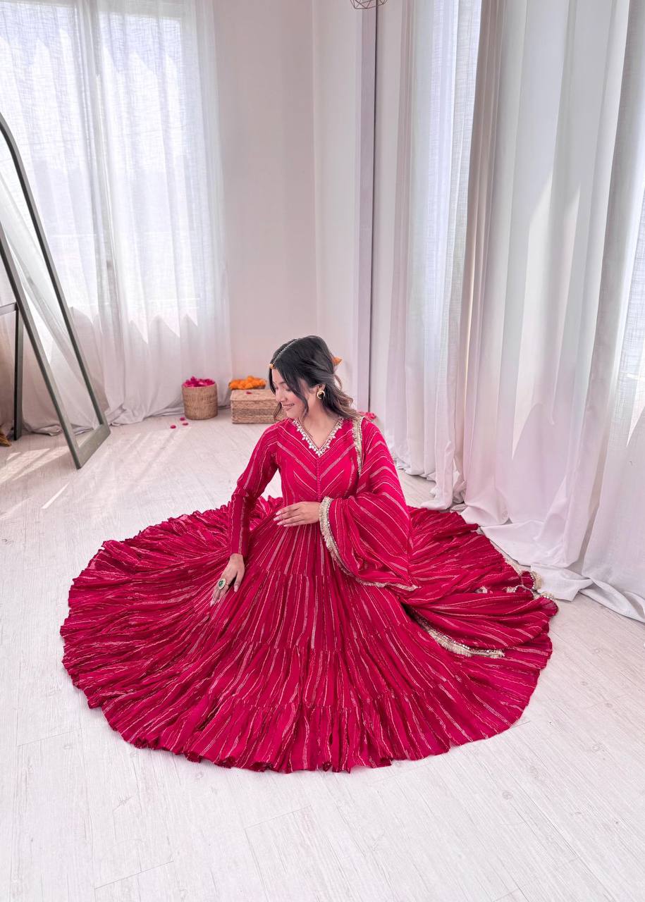 Premium Mal Chanderi Ruffle Gown‑Pant‑Dupatta Set – Mirror Handwork