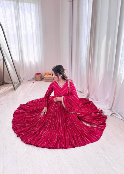 Premium Mal Chanderi Ruffle Gown‑Pant‑Dupatta Set – Mirror Handwork