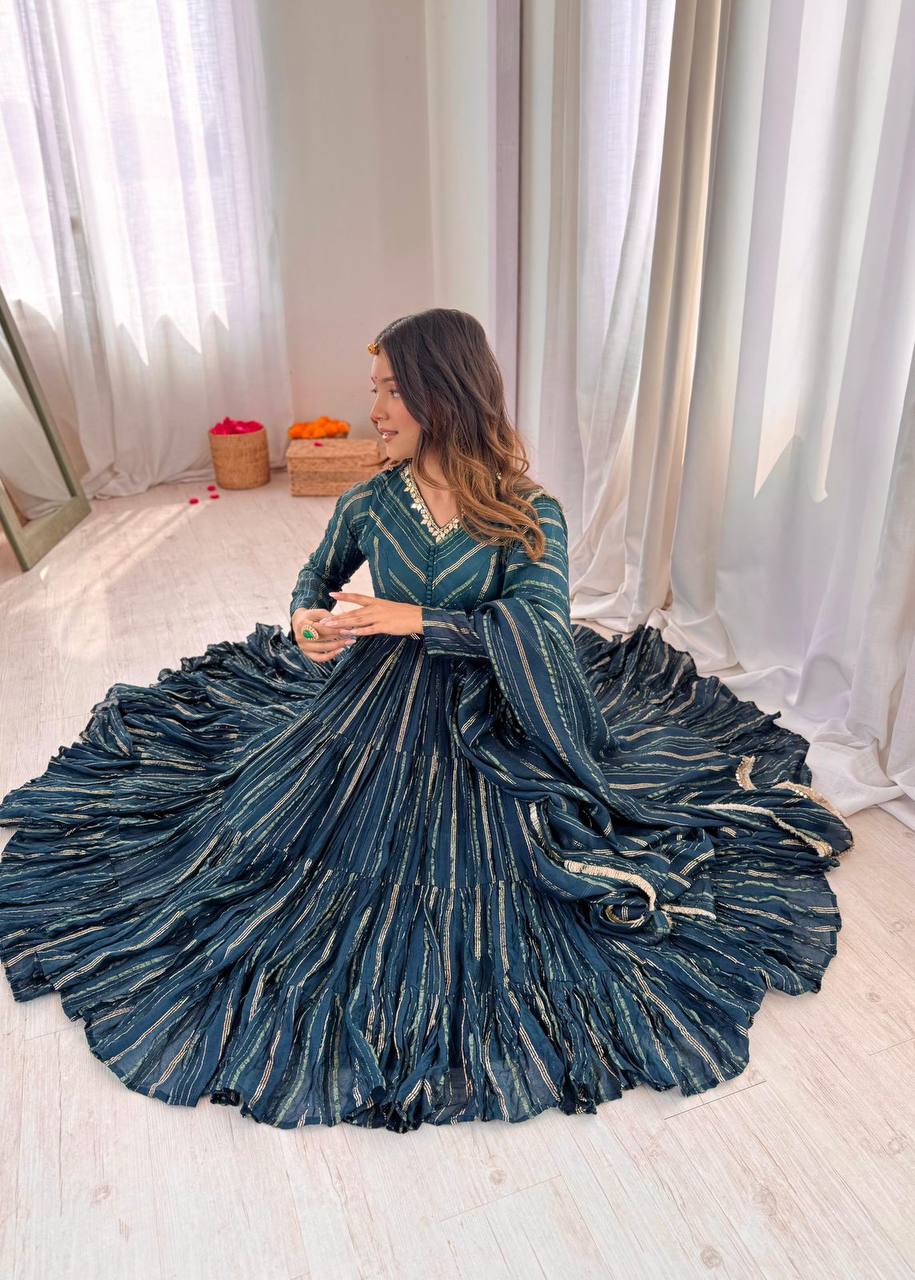Premium Mal Chanderi Ruffle Gown‑Pant‑Dupatta Set – Mirror Handwork