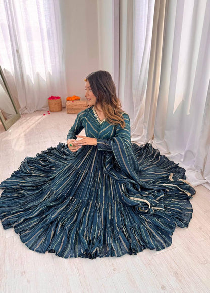 Premium Mal Chanderi Ruffle Gown‑Pant‑Dupatta Set – Mirror Handwork
