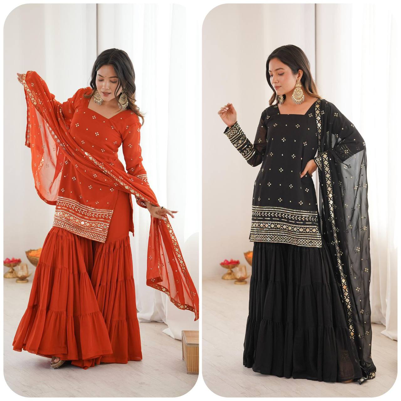 Premium Georgette Top‑Sharara‑Dupatta Set – Sequins Embroidery with 6m Flair