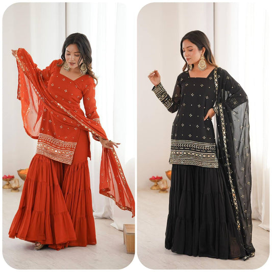 Premium Georgette Top‑Sharara‑Dupatta Set – Sequins Embroidery with 6m Flair