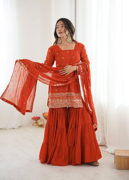 Premium Georgette Top‑Sharara‑Dupatta Set – Sequins Embroidery with 6m Flair