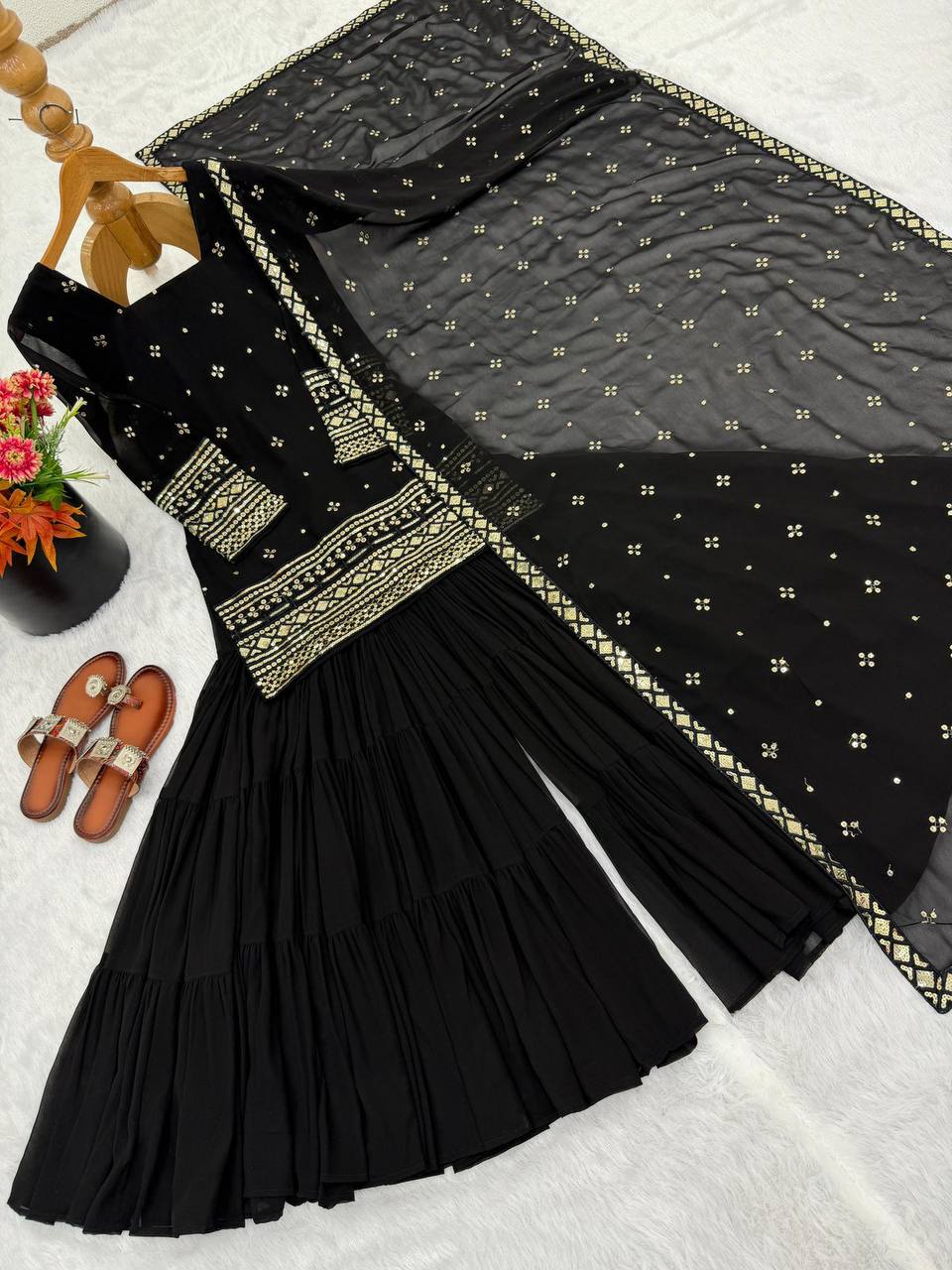 Premium Georgette Top‑Sharara‑Dupatta Set – Sequins Embroidery with 6m Flair