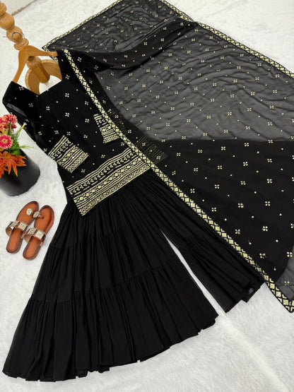 Premium Georgette Top‑Sharara‑Dupatta Set – Sequins Embroidery with 6m Flair