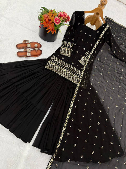 Premium Georgette Top‑Sharara‑Dupatta Set – Sequins Embroidery with 6m Flair