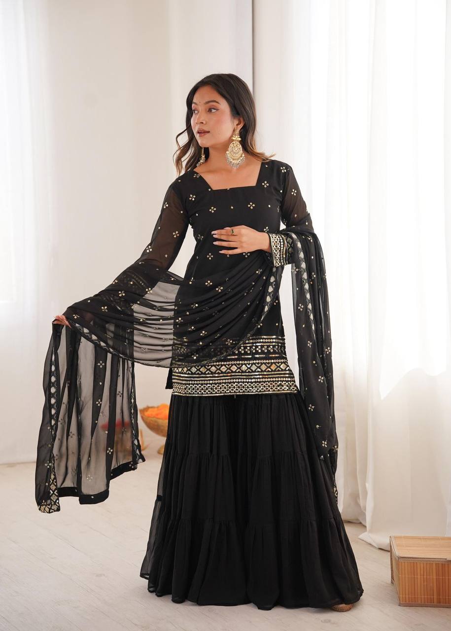 Premium Georgette Top‑Sharara‑Dupatta Set – Sequins Embroidery with 6m Flair