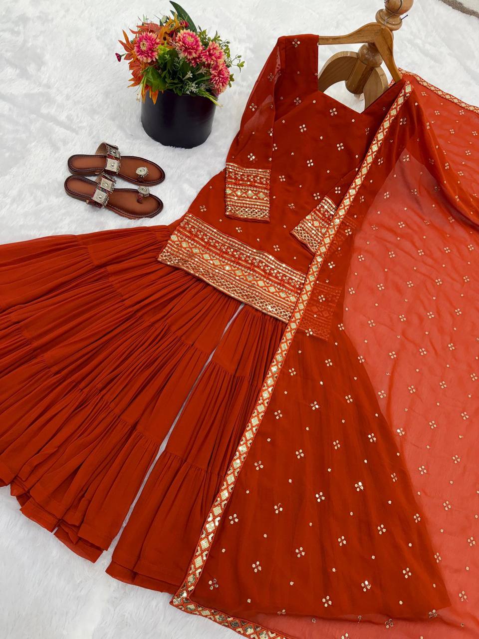 Premium Georgette Top‑Sharara‑Dupatta Set – Sequins Embroidery with 6m Flair