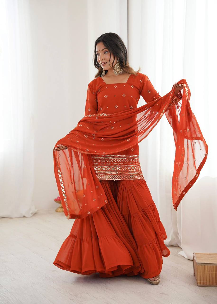 Premium Georgette Top‑Sharara‑Dupatta Set – Sequins Embroidery with 6m Flair