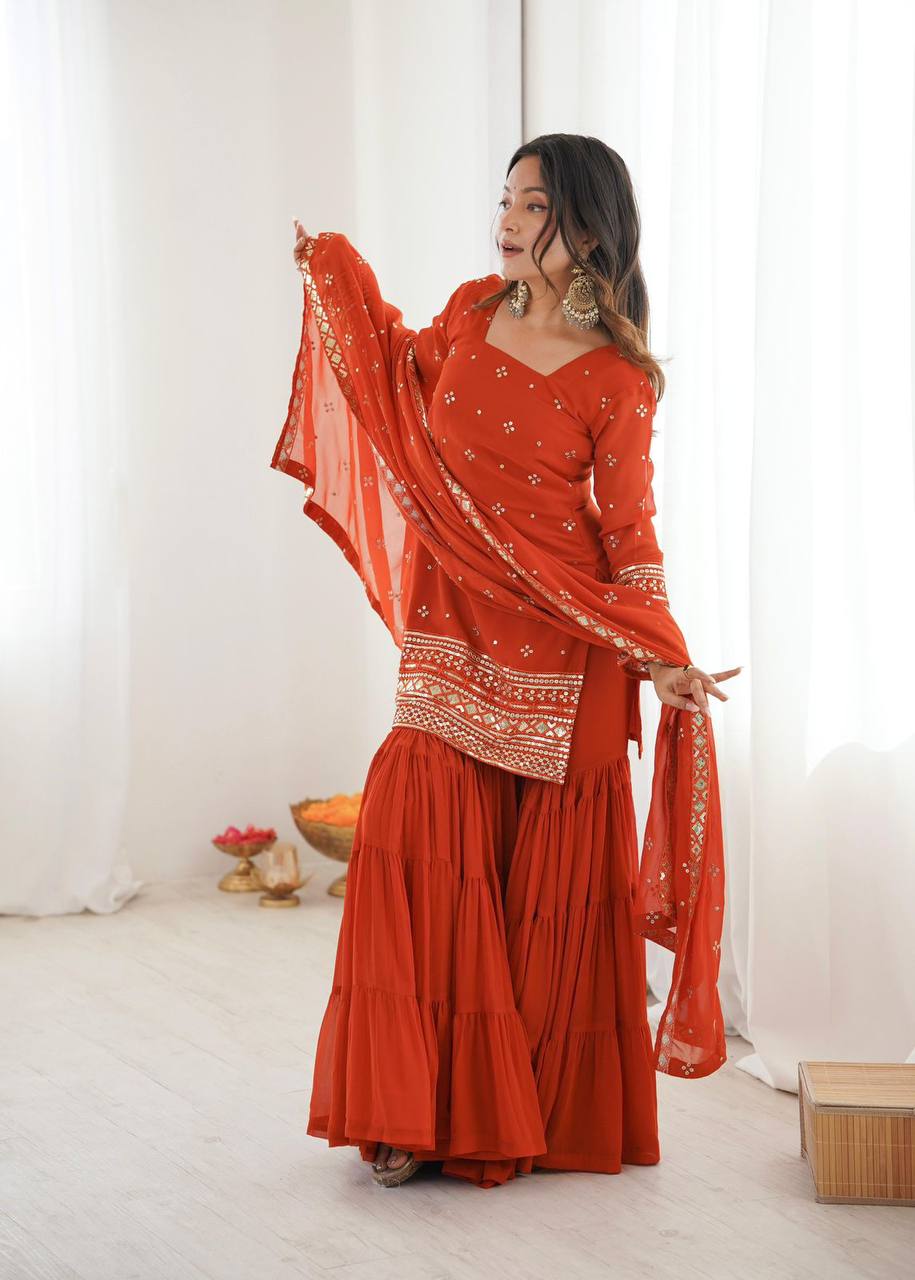 Premium Georgette Top‑Sharara‑Dupatta Set – Sequins Embroidery with 6m Flair