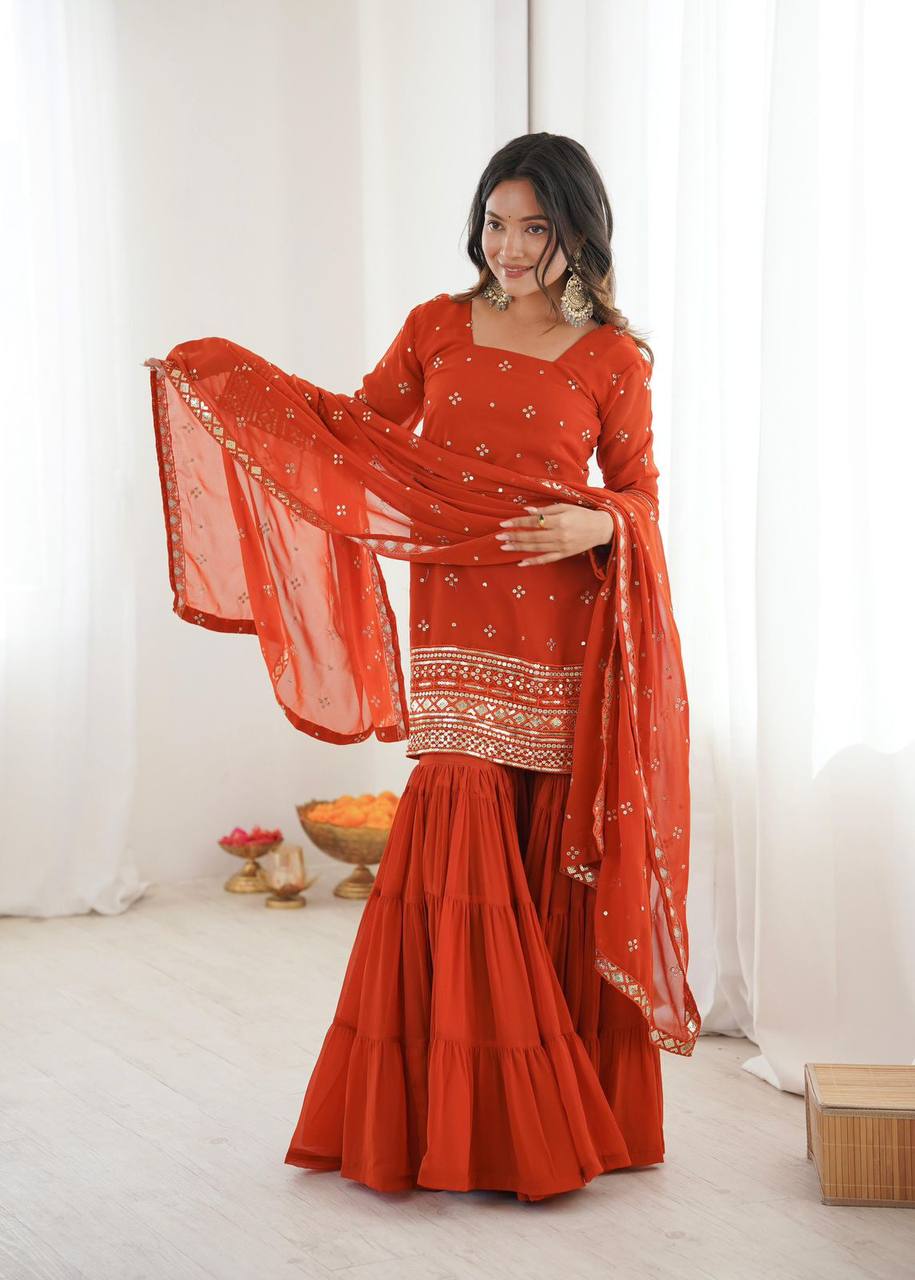 Premium Georgette Top‑Sharara‑Dupatta Set – Sequins Embroidery with 6m Flair