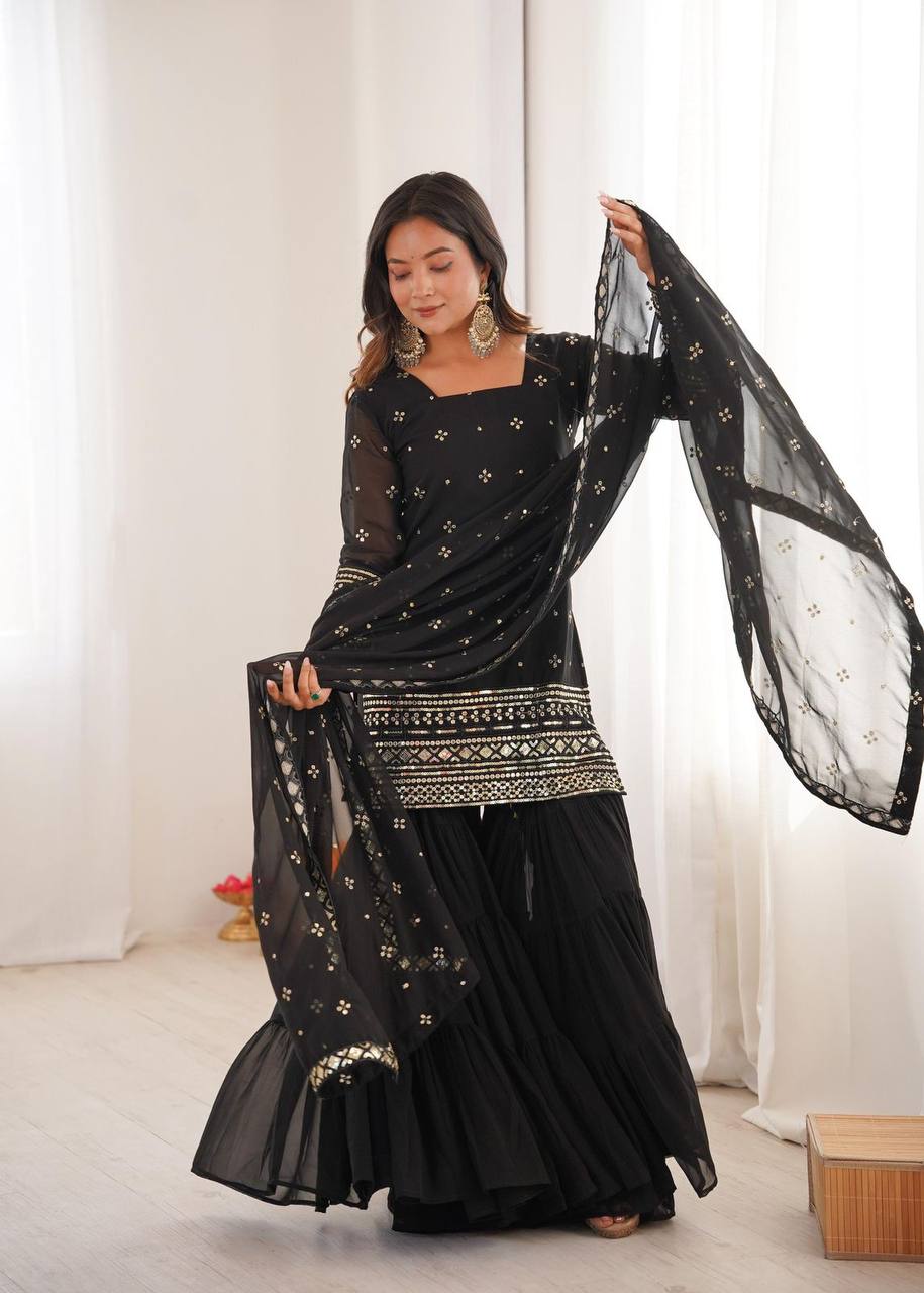 Premium Georgette Top‑Sharara‑Dupatta Set – Sequins Embroidery with 6m Flair