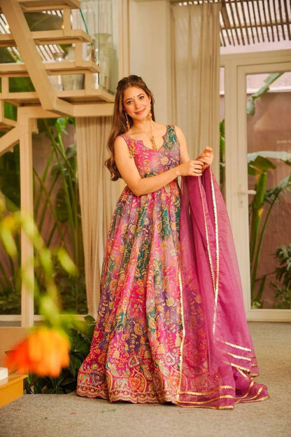 Elegant Pure Jimmy Organza Silk Digital Printed Anarkali Gown with Dupatta | Party Wear Fully Stitched Outfit